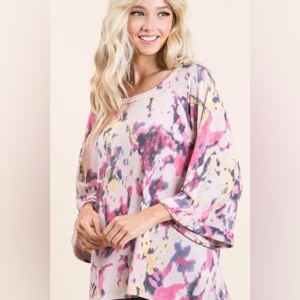BiBi Tie Dye Print Terry A Line Top with Bell Sleeves